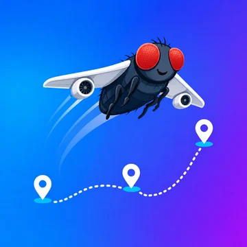 The ffly app icon: a fly with airplane wings following a dotted route between three map pins.